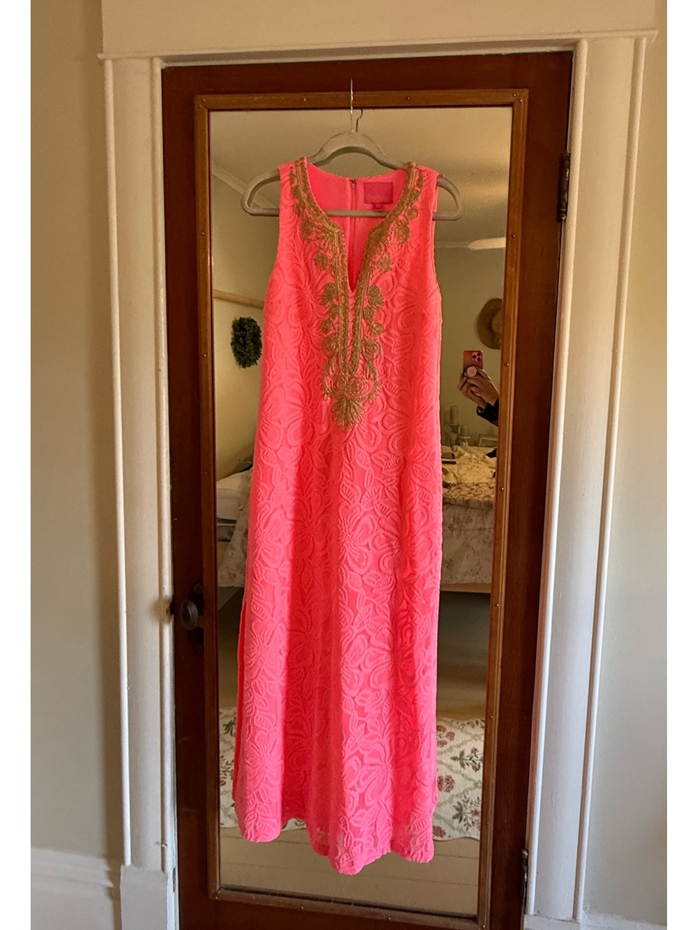 Lilly Pulitzer Pink Lace Maxi Dress Gold Embroidered
Size 10